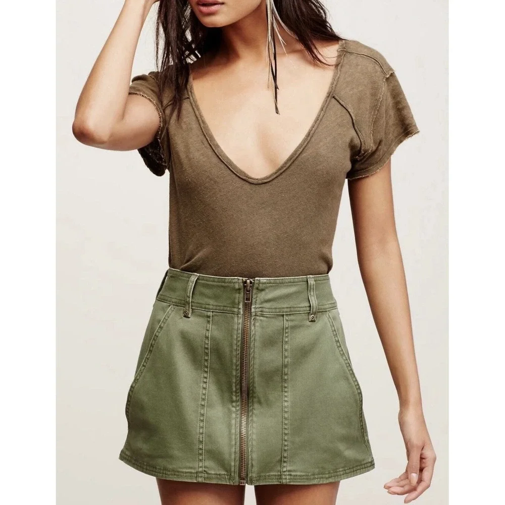 Free People Too Cool Military‎ Utility Mini Skirt Olive Zip Front Festival 6